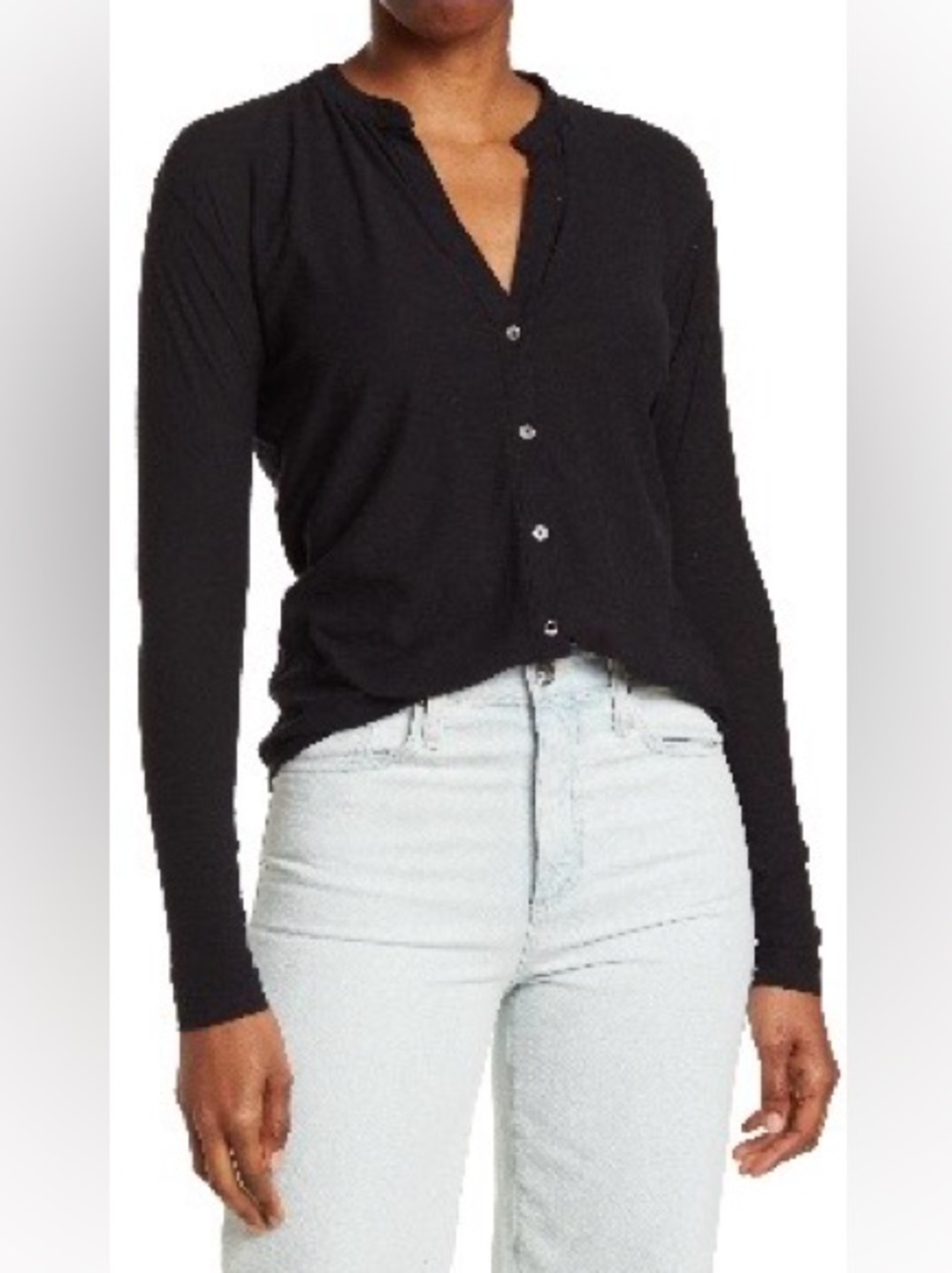 James Perse Size 3 Black Split V-Neck Button Front Long Sleeve Top